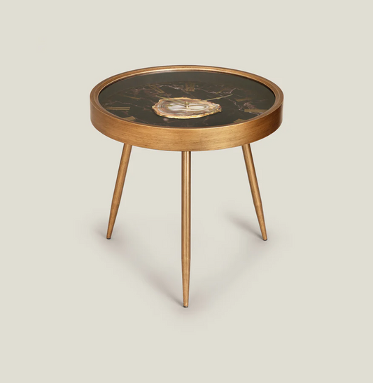 Agate Inlay Brass Tripod Side Table